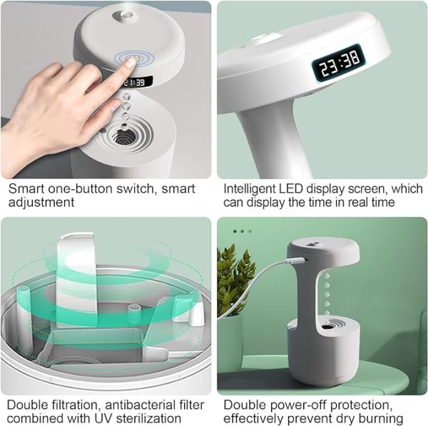 Smooth Sailing Antigravity Humidifier | Ultra-Quiet USB Mini Room Humidifier with Water Drop Light Effects, LED Clock & Random Color for Office and Home