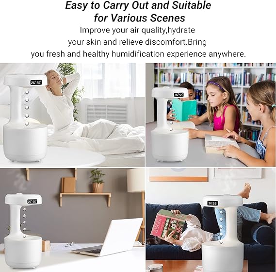 Smooth Sailing Antigravity Humidifier | Ultra-Quiet USB Mini Room Humidifier with Water Drop Light Effects, LED Clock & Random Color for Office and Home