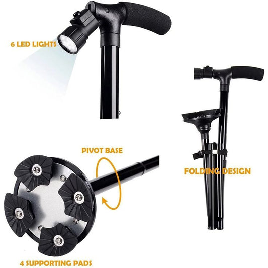 Compact Folding Walking Stick with LED Light and Sturdy Aluminum Handle – Perfect for Adults (Black Color)